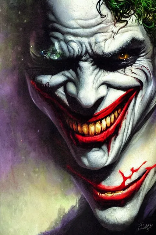 Image similar to the joker. art by gaston bussiere and tomacz alen kopera.