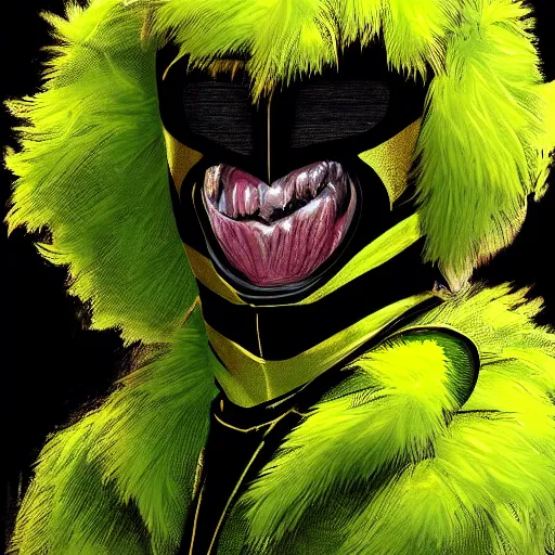 Image similar to a green tennis ball monster dressed like a super hero, black and gold, digital art, fantasy, magic, chalk, trending on artstation, ultra detailed, professional illustration by basil gogos