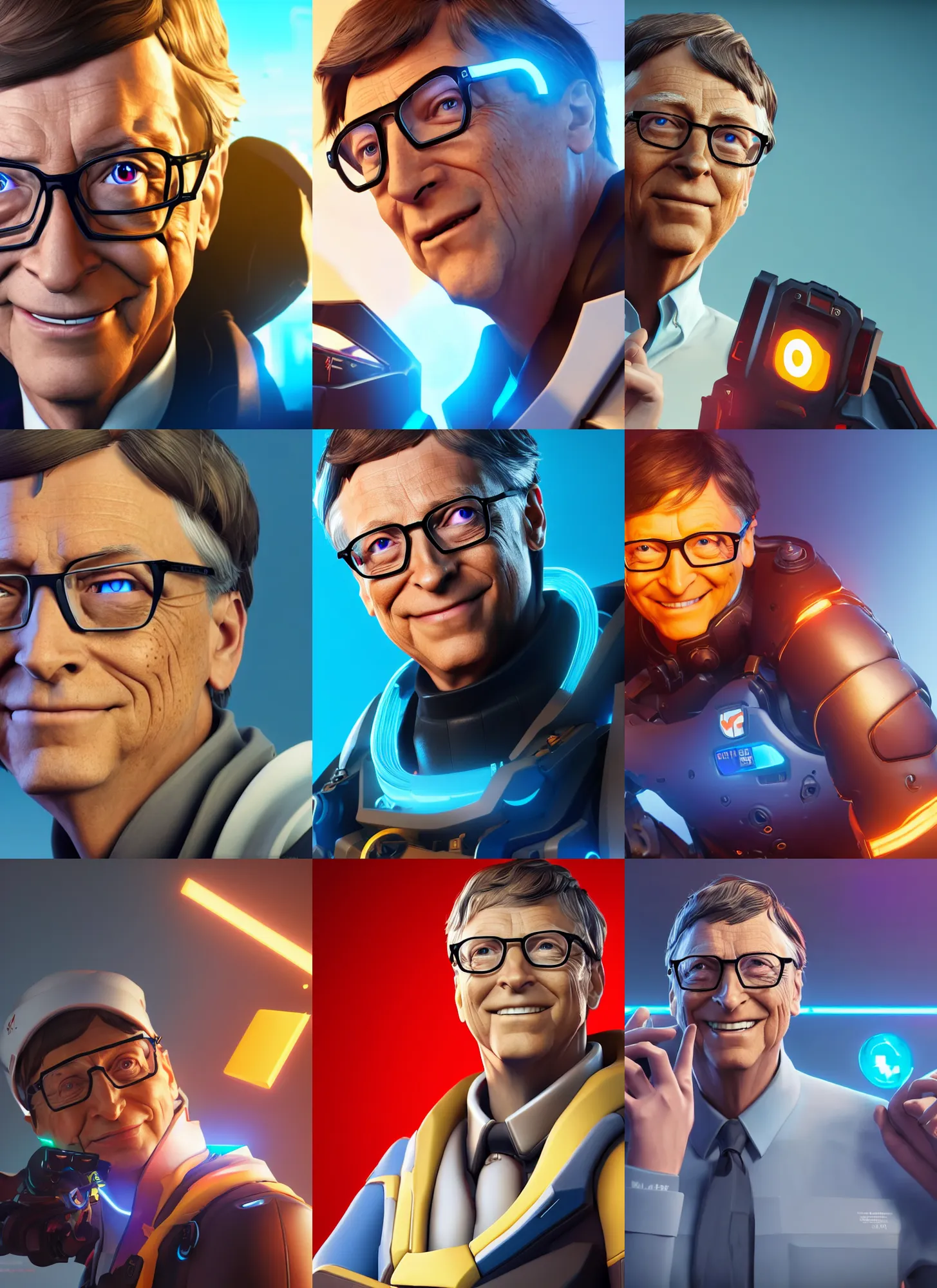 Prompt: bill gates in overwatch, overwatch fanart, trending on artstation, 8 k, octane render, detailed lighting, model