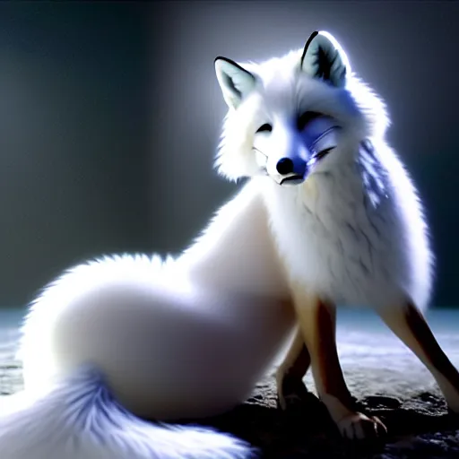 Prompt: hyperrealism photography computer simulation visualisation of parallel universe cgi anime scene with white fox by caravaggio