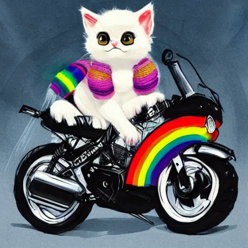 Image similar to wide angle full body, jacket wearing fluffy cute rainbow kitten wearing a black leather motorcycle jacket, riding on a motorcycle, cinematic concept art