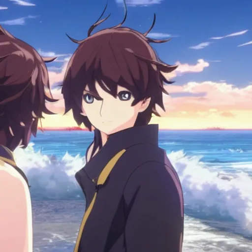 Image similar to epic anime battle brown haired boy summons a tsunami. makoto shinkai. kuvshinov ilya. shigenori soejima.