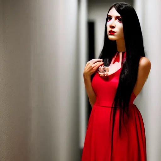 Prompt: portrait of a woman with long black hair and red eyes standing in a dark hallway, wearing a red dress, 8k, photography, professional, detailed face, beautiful, cinematic lighting, film, high quality, depth of field, dark colors,