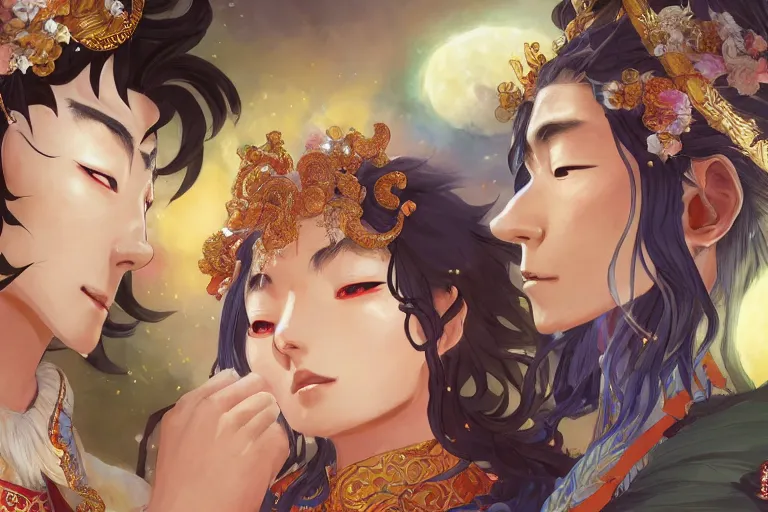 Image similar to close up moment of a divine a japan sun god and a moon goddess lovers magician at a wedding banquet, highly detailed, d & d, fantasy, 4 k realistic, digital painting, trending on artstation, concept art, sharp focus, illustration, art by makoto shinkai and akihiko yoshida and daniel gerhartz