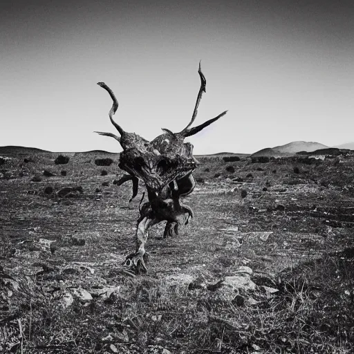 Prompt: an extraterrestrial animal roaming a beautiful landscape, analog horror, black and white grainy film, photorealistic