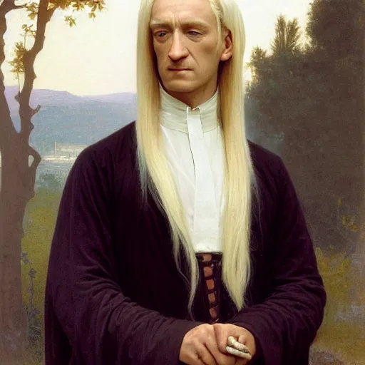 Image similar to Painting of Lucius Malfoy. Art by william adolphe bouguereau. During golden hour. Extremely detailed. Beautiful. 4K. Award winning.