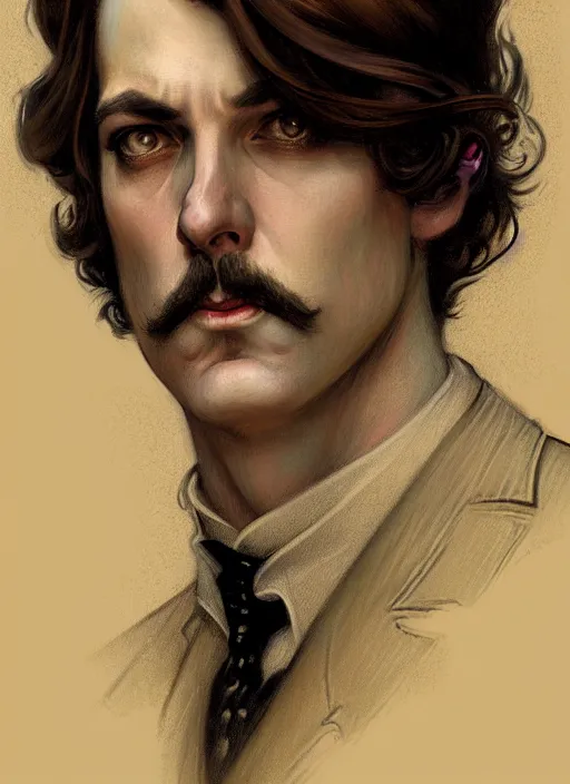 Prompt: an art nouveau, victorian male detective portrait in the style of charlie bowater, and in the style of donato giancola, and in the style of charles dulac. very large, clear, expressive, intelligent eyes. symmetrical, centered, ultrasharp focus, dramatic lighting, photorealistic digital painting, intricate ultra detailed background.