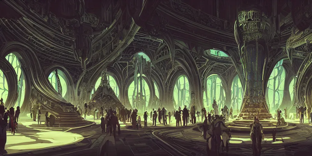 Image similar to cel shaded cinematic shot of the interior of a sci-fi space station with ornate Elven architecture bustling with people and flying cars, epic castle, gothic architecture, emerald, crystalline, detailed illustration, sharp focus, concept art