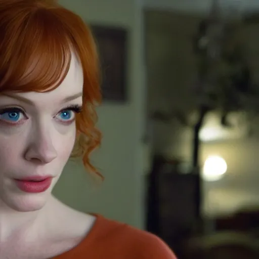 Image similar to a very surprised looking beautiful Christina Hendricks r in the living room, film still from the movie directed by Denis Villeneuve , wide lens