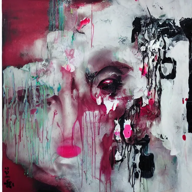 Image similar to “ a portrait in a female art student ’ s apartment, hakone checkpoint, sensual, art supplies, a candle dripping white wax, berry juice drips, acrylic and spray paint and oilstick on canvas, surrealism, neoexpressionism ”