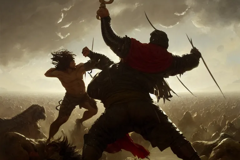 Image similar to a dynamic painting of a medieval man fighting a gigantic white fat monster, obese monstrosity fight by greg rutkowski, realism, ultra detailed, 8 k resolution