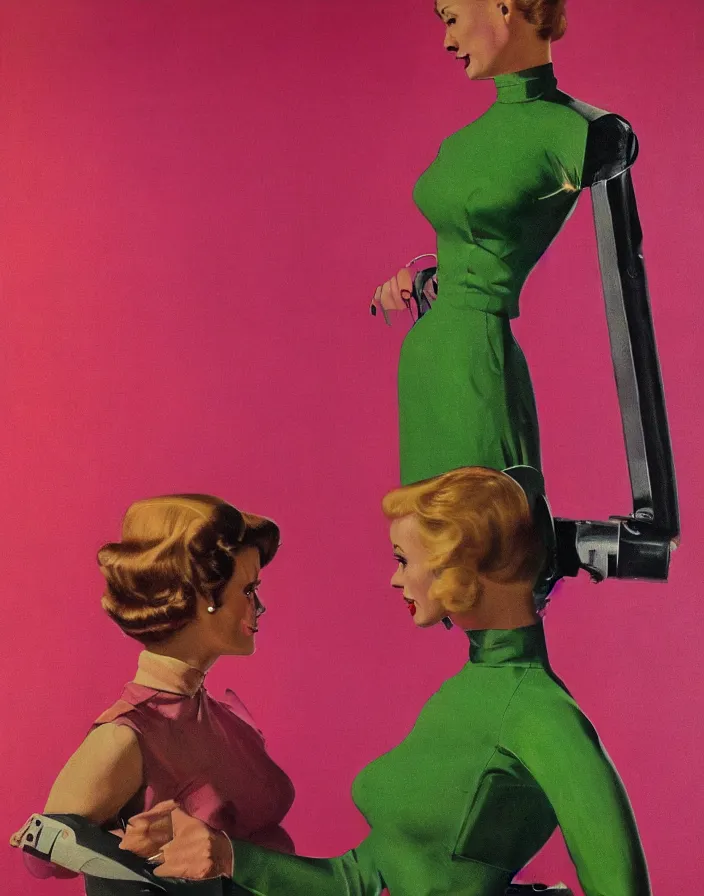Prompt: a female housewife!!!! being hugged by a metal robot!!!! in a suit!!!, 1 9 5 0 s horror film movie poster style, ( norman rockwell oil painting ), close - up shot, profile shot, retro science fiction, vintage, saturated pink and green lighting, shadowy lighting
