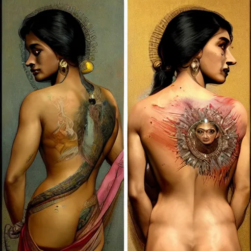 Prompt: portrait painting of a muscular bloodied indian woman lower back, tattooed, wearing sari, ultra realistic, concept art, intricate details, eerie, highly detailed, photorealistic, octane render, 8 k, unreal engine. art by artgerm and greg rutkowski and alphonse mucha