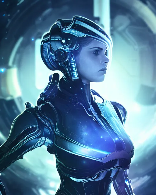 Prompt: photo of a android girl on a mothership, warframe armor, beautiful face, scifi, nebula, futuristic, atmosphere, galaxy, raytracing, dreamy, focused, sparks of light, alexandra daddario, long white hair, blue cyborg eyes, glowing, 8 k high definition, insanely detailed, intricate, innocent, art by akihiko yoshida