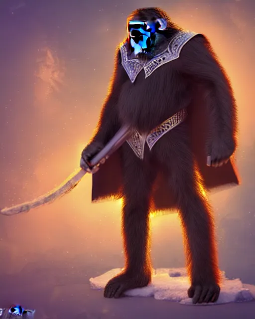 Image similar to fury art, an anthro chimpanzee wearing a large cape and a fantasy armor, ice, fiery background, 3 d, 8 k, extremely detailed, trending on furaffinity, trending on artstation, award winning, sharp focus, illustration