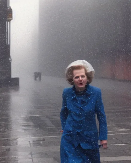 Image similar to margaret thatcher in torrential rainstorm on london street, full body, atmospheric moody hyper realistic award winning color cinematic still 8 k