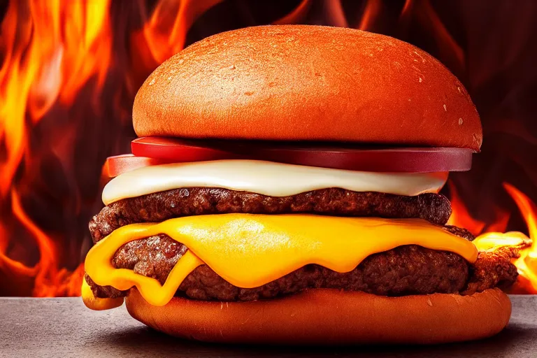 Prompt: mcdonalds hamburger on fire, commercial photography