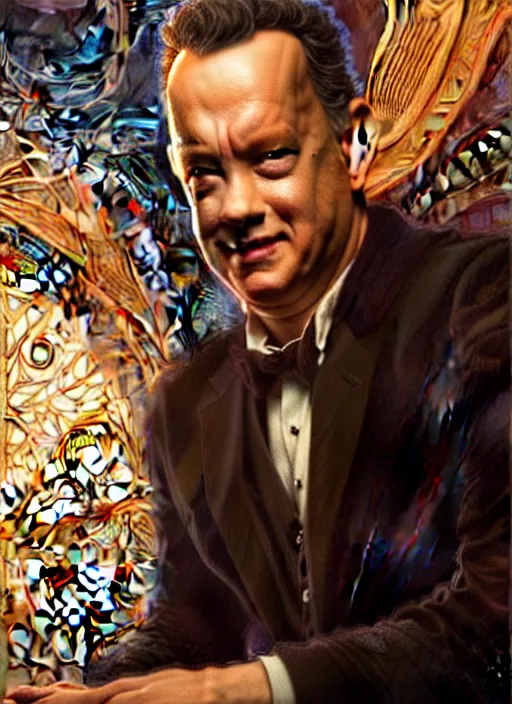 Image similar to portrait of tom hanks, volumetric lights, feast, music notes, art nouveau botanicals, gothic, intricate, highly detailed, digital painting, artstation, concept art, smooth, sharp focus, symmetric face, illustration, steampunk, art by artgerm and greg rutkowski and alphonse mucha