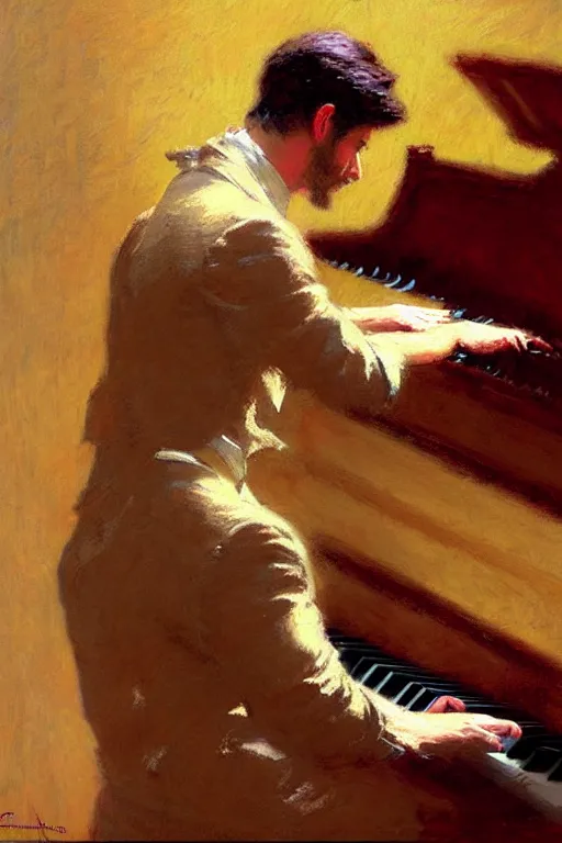 Image similar to attractive man, playing piano, painting by gaston bussiere, craig mullins