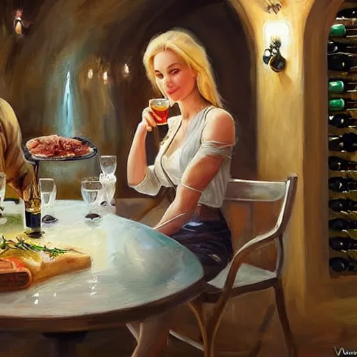 Image similar to (((((Boba Fett))))) and a beautiful young blonde drinking beer in a wine cellar, food, meat, schnapps, torches on the wall, romantic, inviting, cozy, painting by Vladimir Volegov