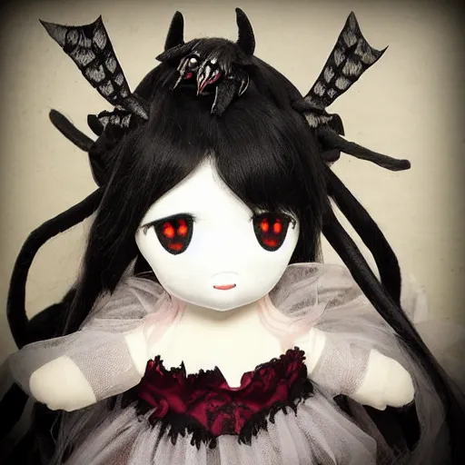 Image similar to cute fumo plush of the nightmare princess, gothic regal and tattered black, broken hearts, tragic wraith, vray, web of tendrils, arachnid