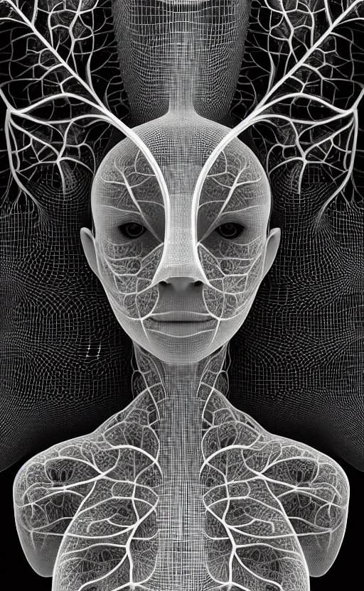 Image similar to a black and white 3D render of a beautiful profile face portrait of a female vegetal-dragon-cyborg, 150 mm, orchid stems, ivy, fine vegetal lace, Mandelbrot fractal, anatomical, flesh, facial muscles, microchip, veins, arteries, full frame, microscopic, elegant, highly detailed, flesh ornate, elegant, high fashion, rim light, octane render in the style of H.R. Giger