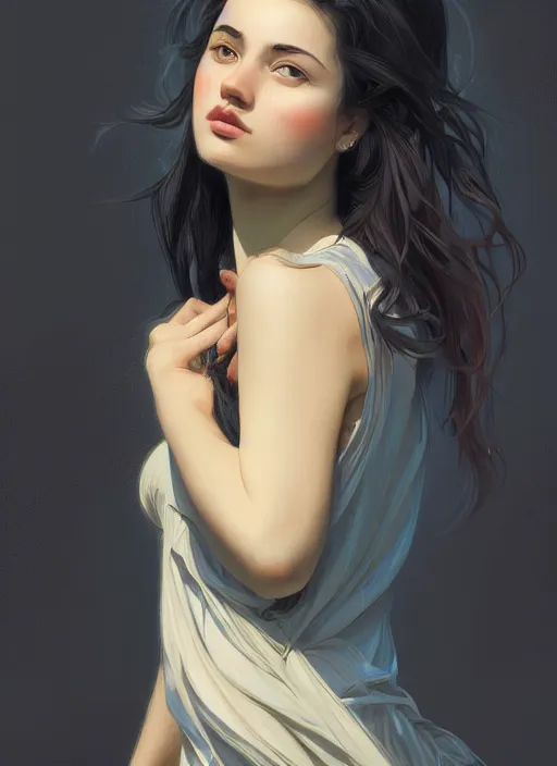 Prompt: handsome young women with shoulder length black hair, half body shot, path traced, highly detailed, high quality, digital painting, alena aenami, lilia alvarado, shinji aramaki, karol bak, alphonse mucha, tom bagshaw, hd, 8 k