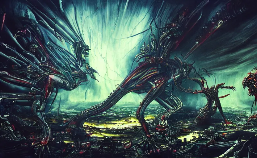Image similar to a colorful explosive epic extraterrestrial and hunan battle in hollywood, in the style of h. r. giger, epic scene, extremely detailed masterpiece, extremely moody lighting, glowing light and shadow, atmospheric, shadowy, cinematic, god lighting