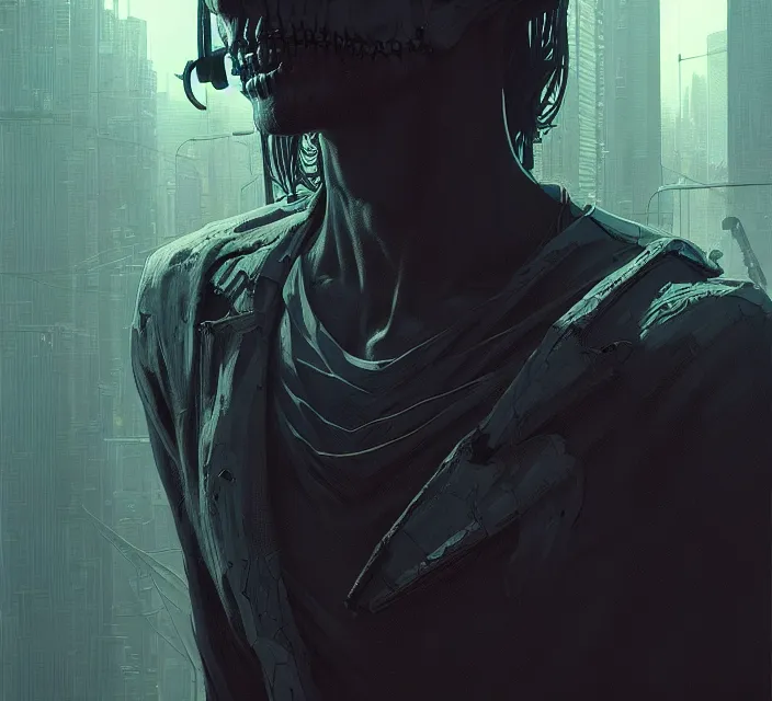 Image similar to cyberpunk skeleton jesus, noir, sharp focus, intricate, illustration, cell shaded, digital painting, highly detailed, matte, art by ilya kuvshinov, wlop, greg rutkowski, reflections, studio quality, james jean, artem demura