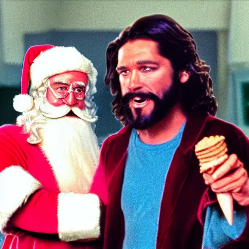 Prompt: Santa and Jesus 80s movie action battle, pink crying ice cream in the background