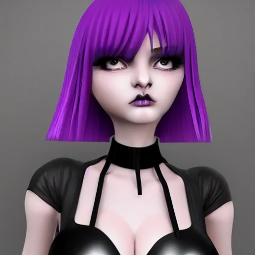 Image similar to a feminine curvy pale hot goth cutie wearing an tight purple-grey latex-nylon high-neck striped dress, choker necklace, cgsociety, photorealistic, sublime-cool-hyperadvanced-dark-amorous ambience, 16k, smooth, sharp focus, trending on ArtStation, volumetric lighting, fully clothed, thin waist