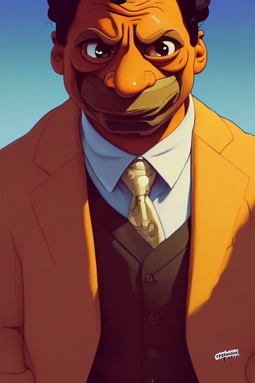 Prompt: clear portrait of apu from the simpsons, cottagecore!!, mafia background hyper detailed, character concept, full body, dynamic pose, intricate, criminal appearance, highly detailed, digital painting, artstation, concept art, smooth, sharp focus, illustration, art by artgerm and greg rutkowski and alphonse mucha