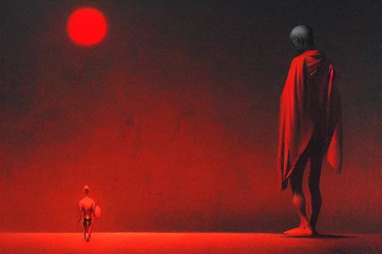 Prompt: only with red, a red shinigami eat apple, mars in background, an ancient path, in the style of beksinski, part by hopper, part by rodcenko, part by hofbauer, intricate composition, red by caravaggio, insanely quality, highly detailed, masterpiece, red light, artstation