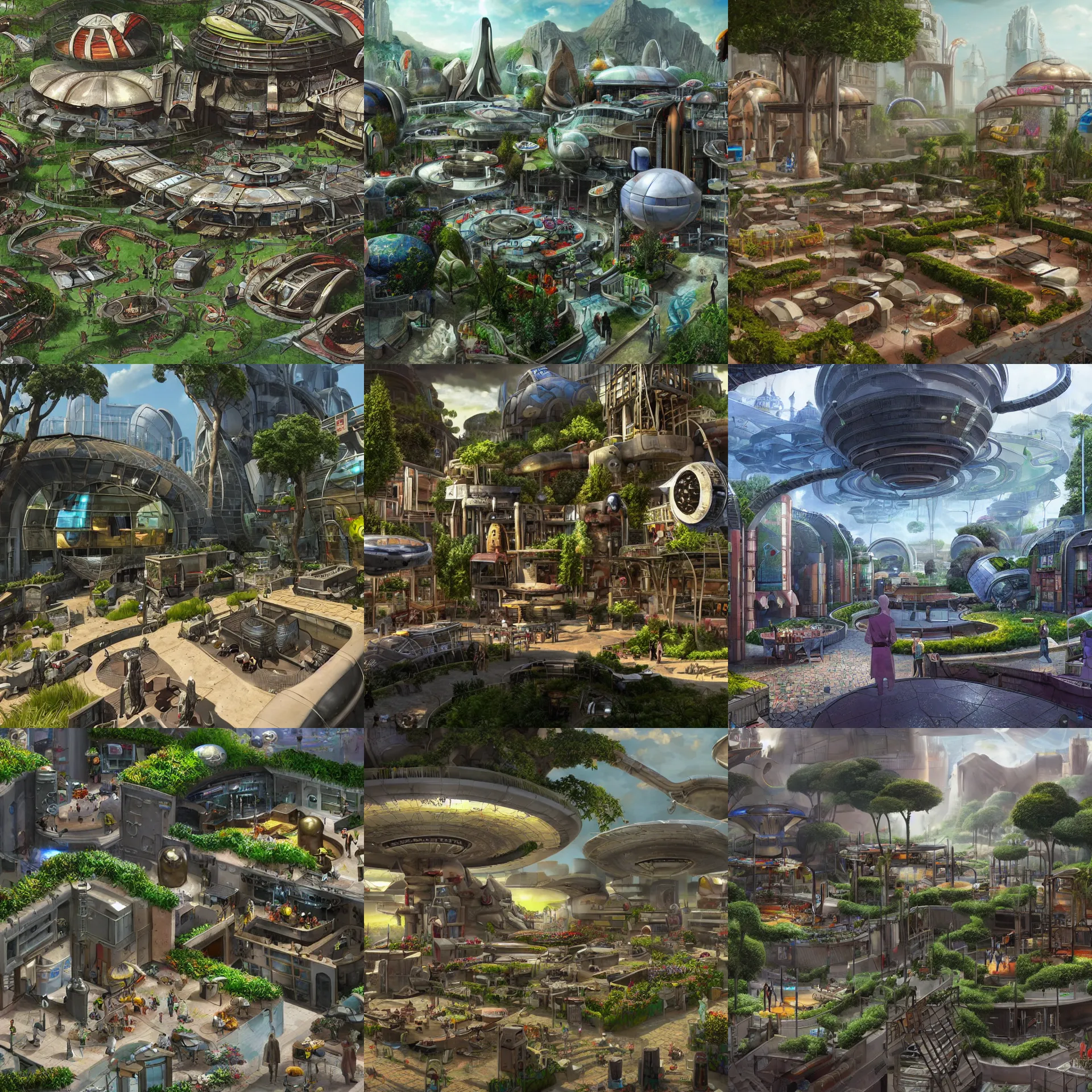 Prompt: a open plaza area with a restaurant at the side, in the middle of a small colony, with buildings made from modular capsules, on an alien grassland, on an alien planet, from a space themed point and click 2 d graphic adventure game, set design inspired by hg giger and ridley scott and tomb raider, art inspired by thomas kinkade