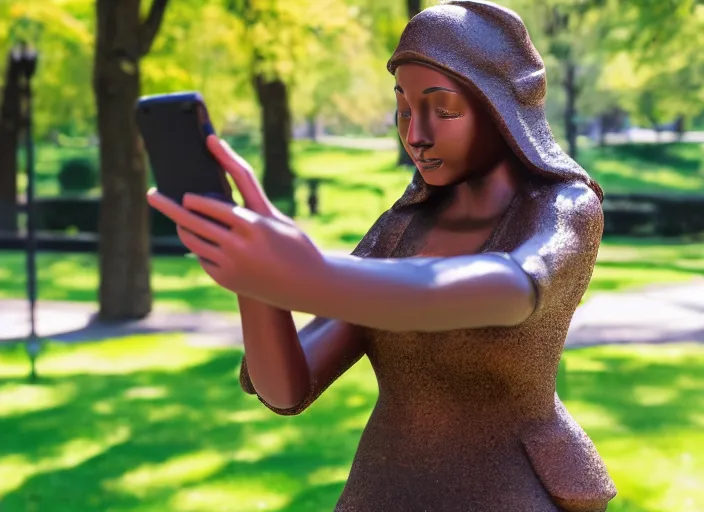 Prompt: photo still of a bronze statue of a woman using an iphone to take a selfie in a park on a bright sunny day, 8 k 8 5 mm f 1 6