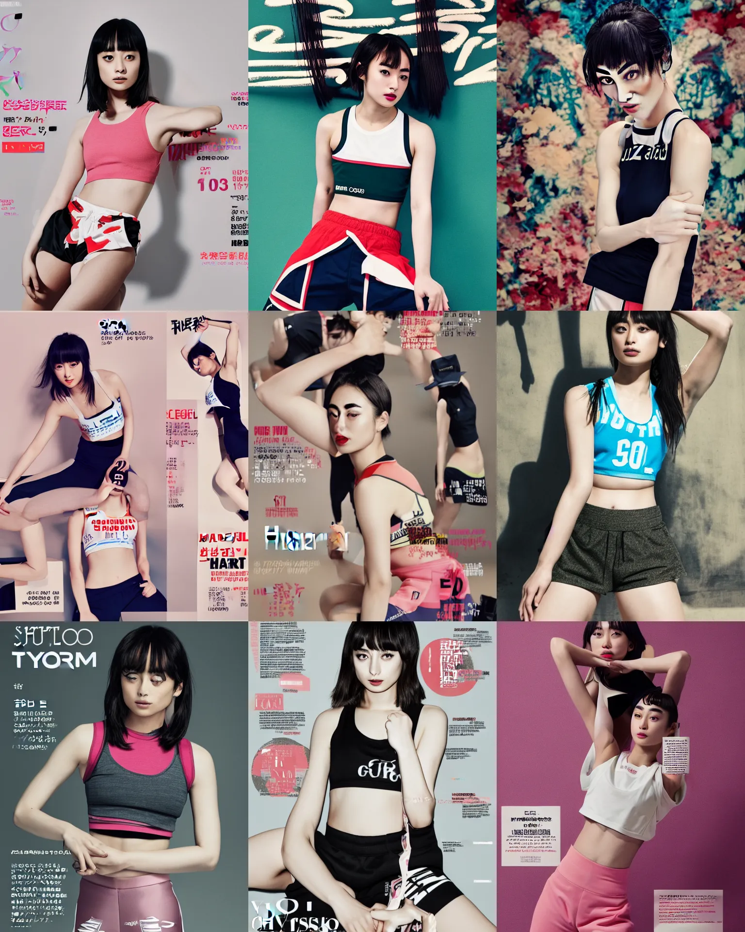 Prompt: suzu Hirose wearing crop gym top with lettering, crop yoga short, Advertising photography by Mario Testino, masterwork, cgstudio