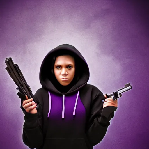 Image similar to poster artwork, sci fi, art type of photo, a female, full body, black hoodie techie, black hair with purple streaks, holding a gun, 8 k