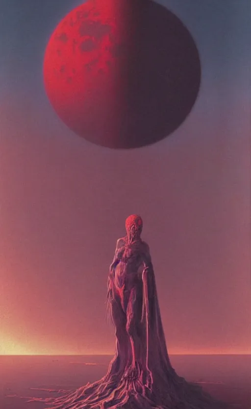 Prompt: meditation on the background of a huge crimson moon, by wayne barlowe