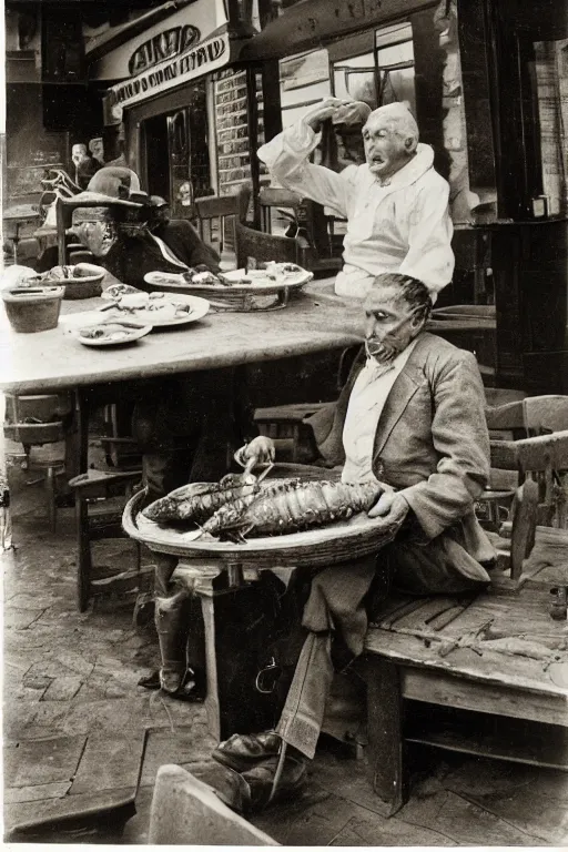 Image similar to the gortons fisherman at red lobster eating a lobster, in the style of eugene atget and peter witkin