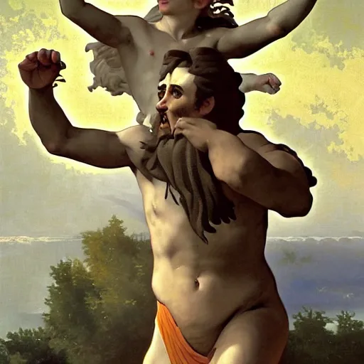Image similar to Zeus throwing thunders towars the Earth, Gravity Falls (2012), in the style of William-Adolphe Bouguereau, digital art