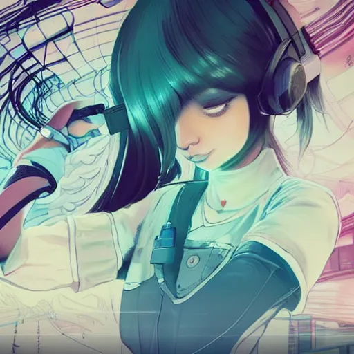 Image similar to Frequency indie album cover, luxury advertisement, white, indigo and teal colors. highly detailed post-cyberpunk sci-fi close-up schoolgirl in asian city in style of cytus and deemo, mysterious vibes, by Ilya Kuvshinov, by Greg Tocchini, nier:automata, set in half-life 2, beautiful with eerie vibes, very inspirational, very stylish, with gradients, surrealistic, postapocalyptic vibes, depth of filed, mist, rich cinematic atmosphere, perfect digital art, mystical journey in strange world, bastion game, arthouse