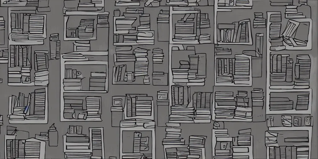 Prompt: a library full of books, greyscale, sunset light, pixel degradation, 8bits videogame, motion, 2d