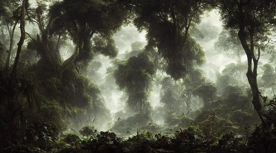 Image similar to dangerous jungle with huge leaves. edward gorey, andreas achenbach, artgerm, mikko lagerstedt, zack snyder, tokujin yoshioka