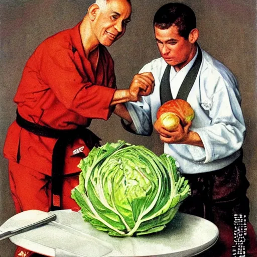 Image similar to benjamin netanyahu karate chopping a cabbage while wearing karate uniform, by norman rockwell, highly detailed