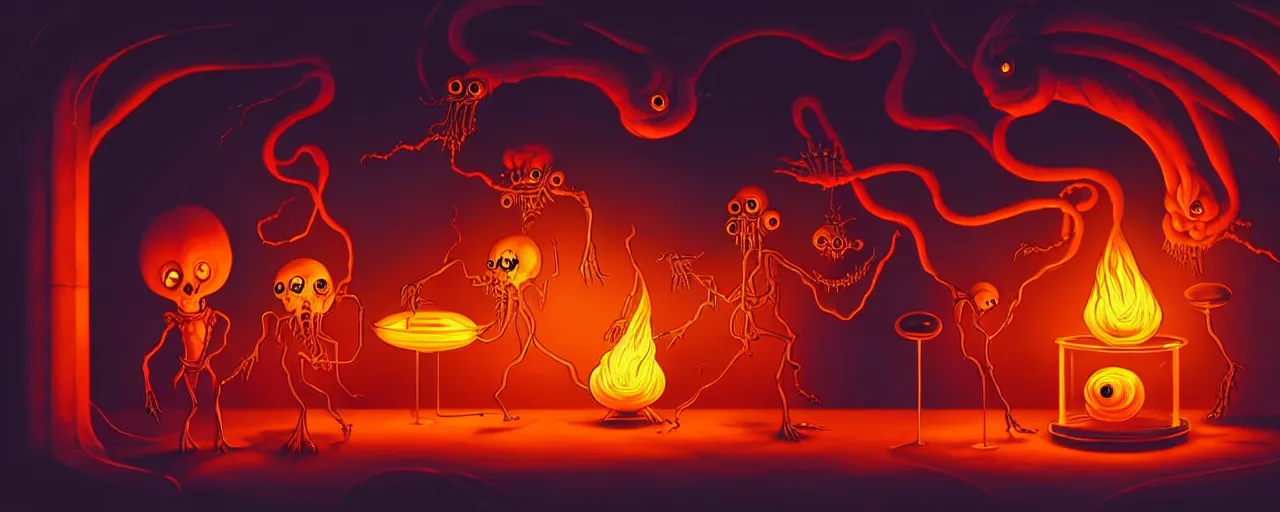 Image similar to uncanny alchemist chthonic creatures in a fiery alchemical lab, dramatic lighting, surreal 1 9 3 0 s fleischer cartoon characters, surreal painting by ronny khalil