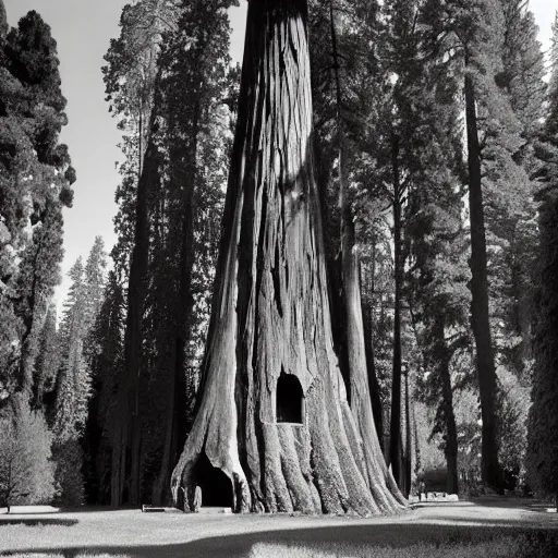 Image similar to house built into and inside a single giant sequoia. photograph by jerry uelsmann.