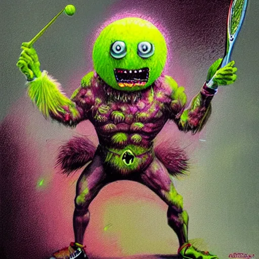 Prompt: a tennis ball monsters ,Scotland, digital art, fantasy, magic, trending on artstation, ultra detailed, professional illustration by Basil Gogos