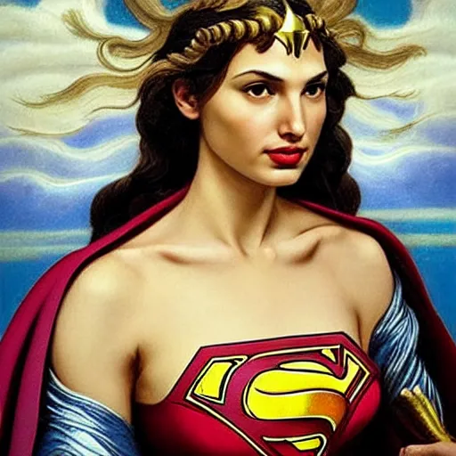 Prompt: Head and shoulders masterpiece portrait oil painting of the beautiful goddess Gal Gadot as Supergirl, she is wearing roman clothes and a surreal jewelry, her hair is natural disheveled, she is approaching heaven over the clouds, naturalism, dramatic lighting, high-detailed oil painting by Ilya Repin, Michelangelo da Caravaggio, William Blake, Alex Grey and Beksinski, trending on Artsation, hystorical painting, naturalism, masterpiece, full body shot, 4k, 8k,