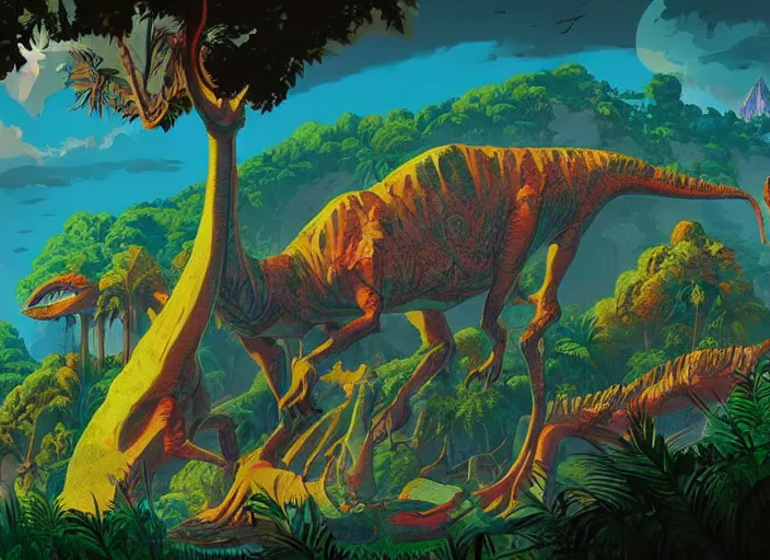 Image similar to psychedelic art of dinosaurs and volcanoes, jungle landscape, detailed, cel shaded, by makoto shinkai and moebius and anton fadeev and james gurney