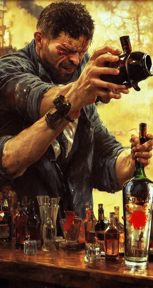 Image similar to close up of bloodied max payne pouring vodka, sun shining, photo realistic illustration by greg rutkowski, thomas kindkade, alphonse mucha, loish, norman rockwell.